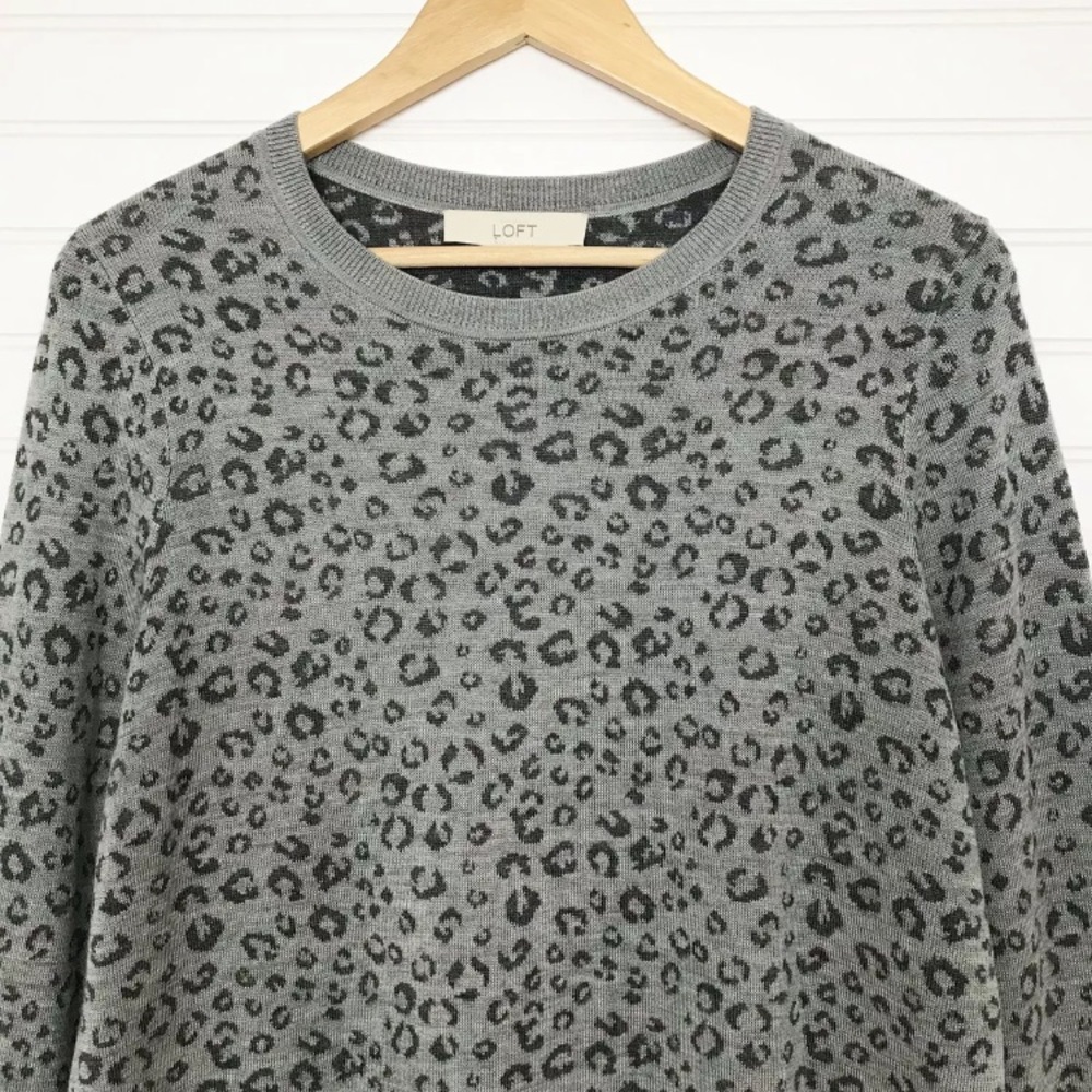 LOFT Gray Leopard Print Wool Blend Sweater Large - Picture 3 of 7